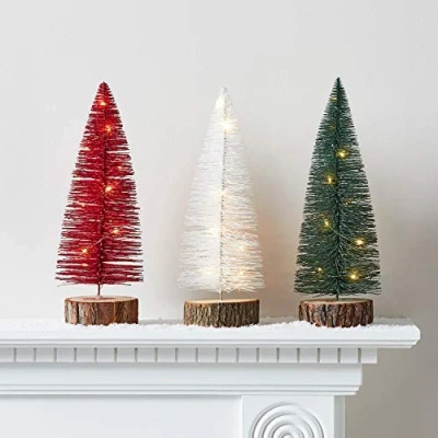 Image of Lights4fun Set of 3 Festive Colours Artificial Light Up LED Bottle Brush Mini Christmas Trees Wooden Base Indoor Decoration