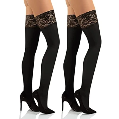 Image of Sesto Senso 2 Pack Womens Hold Ups Stockings 40 Denier Microfiber Opaque Sexy Lace Top XS S Black