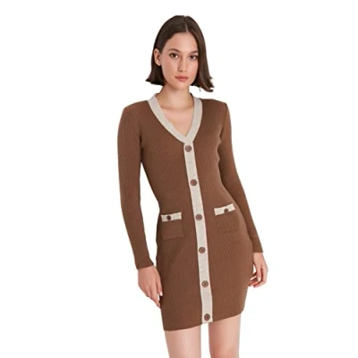 Image of Trendyol Women Mini Pullover Dress Slim Knitwear Brown