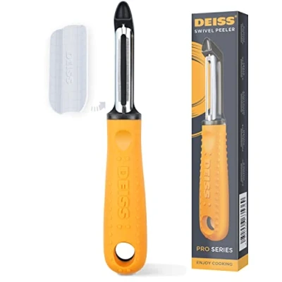 Image of Deiss PRO Swivel Vegetable Peeler Sharp Stainless Steel with Easy Non Slip Hand Grip, Potato Peelers for Kitchen, Fruit, Carrot, Apple, Veggie, Kiwi, Durable, and Dishwasher Safe (Orange)