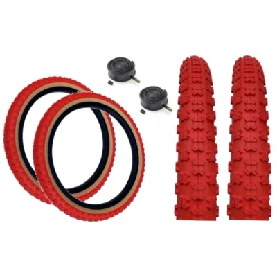 Image of PAIR Baldy&#039;s 16 x 1.75 RED With TAN WALL Kids BMX/Mountain Bike Tyres And Schrader Tubes