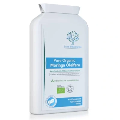 Image of Pure Organic Moringa Oleifera 500mg 120 Capsules no fillers or Flowing Agents 100% Natural Soil Association Certified High Strength Superfood with All Essential Amino Acids