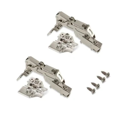 Image of Emuca Pack of 2 X91 Inset Hinges 165 Degree Opening with Soft Closing and Euro Screw in Plates, Height 0, Steel, Nickel Plated
