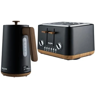 Image of Salter COMBO 9135 Toronto Kettle and 4 Slice Toaster Set 1.7 L Fast Boil with Limescale Filter, Wide Toasting Slots, High Lift Eject, Wood Effect, 6 Browning Levels, 3000/1630 W, Matt Black