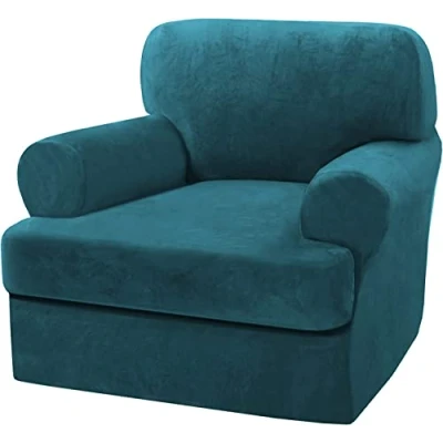 Image of LINGKY Velvet Sofa Covers with Separate T Cushion Ultra Soft Plush Slipcover No Pilling Washable Furniture Protector Elastic Bottom (Deep Teal,1 Armchair)