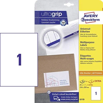 Image of Avery Zweckform 6119 Universal Labels 210 x 297 mm 25 Sheets White