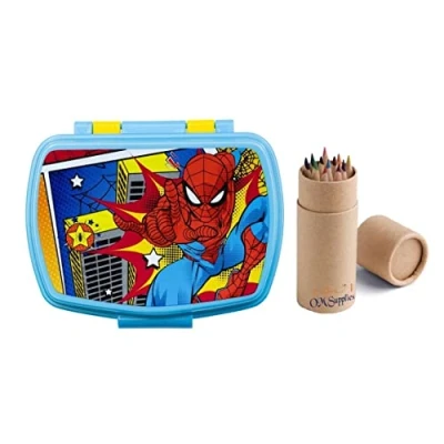 Image of OM SUPPLIES Spiderman Sandwich Lunch Snack Box Kids Children School Includes Half Size 12pcs Pencil Set (Spiderman)