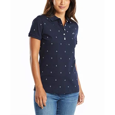 Image of Nautica Women&#039;s Anchor Short Sleeve Breathable Stretch Cotton Polo Shirt, Navy, M UK