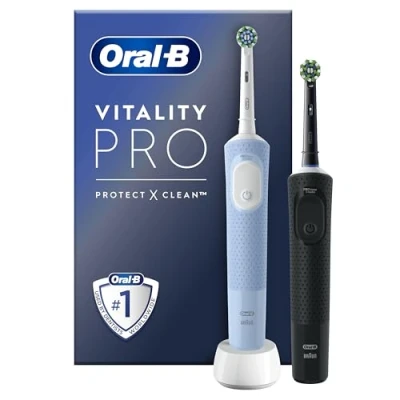 Image of Oral B Vitality Pro 2x Electric Toothbrushes For Adults, 2 Toothbrush Heads, 3 Brushing Modes Including Sensitive Plus, Pin UK Plug, Black &amp; Blue