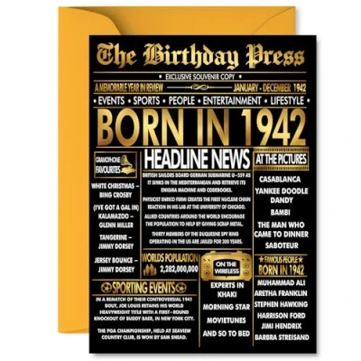 Image of Gold 83rd Birthday Card for Men Women Black &amp; Golden Newspaper Born in 1942 Happy 83 Cards Grandad Wife Auntie Nanny Uncle Grandma, 5x7 Inch Bday Greeting