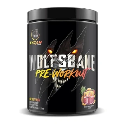 Image of WOLFSBANE PRE WORKOUT POWDER, ENERGY, PERFORMANCE, FOCUS, PUMPS, EUPHORIA, with L Citrulline Malate, Beta Alanine, Juglans Regia, Tyrosine, 40/20 Servings (Lycan Blood Mango, Pineapple, Orange)