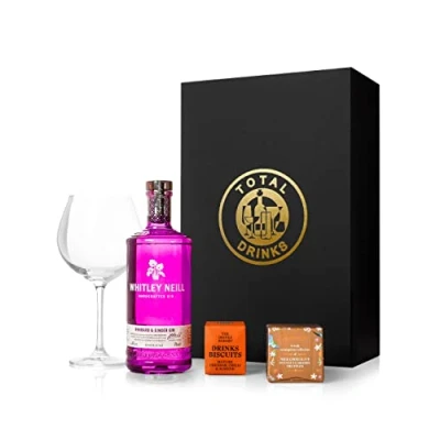 Image of Whitley Neill Rhubarb and Ginger Gin 70cl Chocolate Truffle Drinks Biscuits Gift Box with Glass