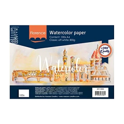 Image of Vaessen Creative Florence Watercolour Paper A4, Off White, 300 GSM, Textured Surface, Artist Grade Quality, 100 Sheets for Painting, Handlettering and Art Projects
