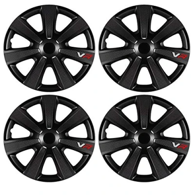 Image of UKB4C 4 x Black VR Carbon Spoked Wheel Trims Hub Caps 16&quot; fits Dacia Sandero