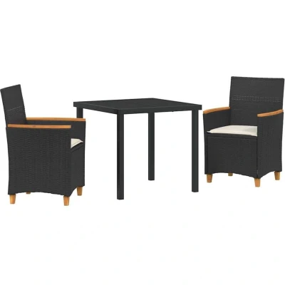 Image of vidaXL 3 Piece Garden Dining Set with Cushions Black Poly Rattan