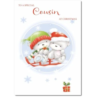 Image of doodlecards Cousin Christmas Card Cute Bears on Sled Medium Size for with Plain Envelope