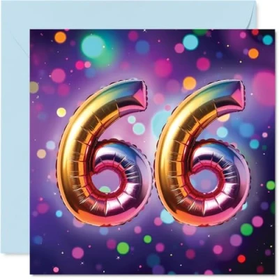 Image of 66th Birthday Cards for Men Women Rainbow Foil Balloon Happy Card 66 Year Old Man Woman Neighbour Husband Brother Dad, 145mm Bday Greeting