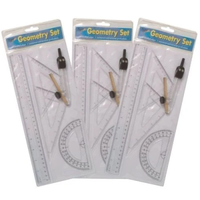 Image of Tiger 5 piece geometry set with compass/ruler/protractor/set squares for maths/drawing/school/college