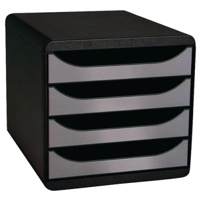 Image of Exacompta Ref 310438D BIG BOX Desktop Drawer Set 4 x 55mm Drawers, Suitable for A4+ Documents, 347 278 267mm, 100% Recycled Plastic Black/Metallic Silver