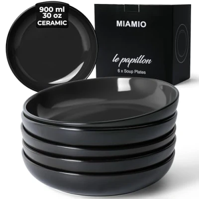 Image of MIAMIO 900 ml / 22 cm Set of 6 Pasta Bowls/Salad Bowls, Plates Wide and Shallow Bowl, Large Ceramic Stoneware Deep Plate Serving Soup, Microwave Dishwasher Safe Le Papillon (Black)