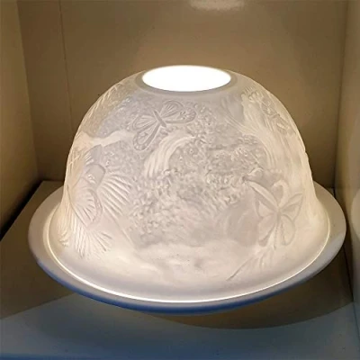Image of Nordic Light Tealight Candle Holder, Set of Shade &amp; Plate, Butterflies Living, Dining Room Table, Home Decor Accessories Porcelain One Size, White Patterned