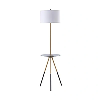 Image of Teamson Home Tall Tri Pod Modern Standing LED Floor Lamp with Clear Glass Tabletop and Built in USB Charging Port. White Drum Shade, Gold Stand, Black