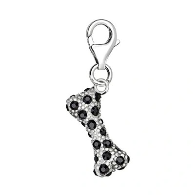Image of Quiges 925 Sterling Silver Black Cubic Zirconia 3D Dog Bone Lobster Clasp Charm Clip on Pendant