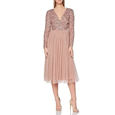 Image of Maya Deluxe Women&#039;s Womens Ladies Wedding Guest Midi Long Sleeve Plunging Neckline V Neck Sequin Embel Bridesmaid Dress, Pale Mauve, 16 UK