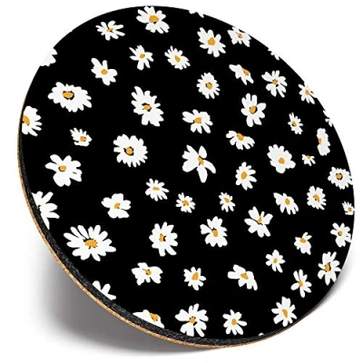 Image of Round Single Coaster Black Daisy Flower Pattern Daisies Glossy Quality Coasters Tabletop Protection for Any Table Type #44313
