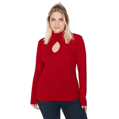 Image of Trendyol Women&#039;s High Neck Plain Regular Plus Size Sweater Sweatshirt, Red, XXL