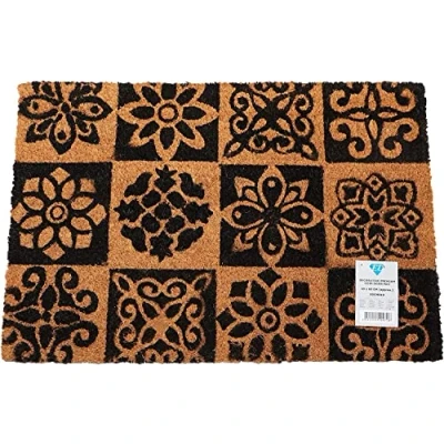 Image of Natural Coir Mat Printed Patterned Dirt Trapper Indoor/Outdoor Door Welcome Non Slip PVC Backed Doormat 60cm x 40cm (Patchwork)