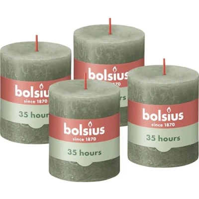 Image of Bolsius Rustic Pillar Candle Dark Green Pack of 4 Long Burning Time 35 Hours Household Interior Decoration Unscented Natural Vegan Wax No Palm Oil 8 x 7 cm