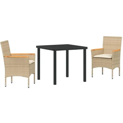 Image of vidaXL 3 Piece Garden Dining Set with Cushions Beige Poly Rattan