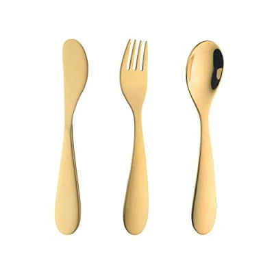 Image of Gold Children Cutlery Metal, 3 Pcs Stainless Steel Kids Flatware Set with Knife/Fork/Spoon, Todler Silverware Healthy &amp; Mirror Polished, Dishwasher Safe