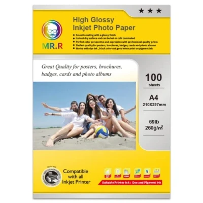 Image of MR.R High Glossy Waterproof Inkjet Photo Paper 260gsm A4 x 100 Sheets 210 297mm Size Compatible with All Printer