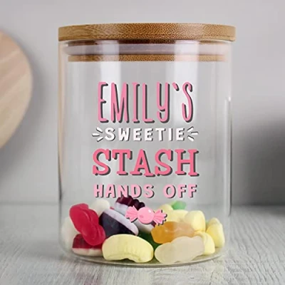 Image of PMC PERSONALISED MEMENTO CO. TRADE GIFT SUPPLIER Custom Sweetie Stash Glass Jar with Bamboo Lid For Birthday, Thank You, Wedding, Christmas