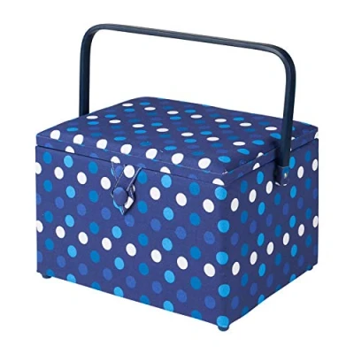 Image of Sewing Online Large Box,Navy Spot Fabric 31 x 23 20cm Storage and Organiser Basket with Compartments for Supplies,Accessories,Thread,Needles,and Scissors GA1123L