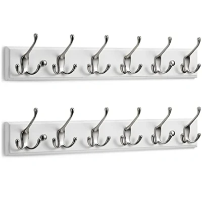 Image of LARHN Wall Mounted Coat Rack (2 Pack) 6 Matt Nickel Triple Hooks for on White Wooden Bamboo Base 59 cm All Fixings Included