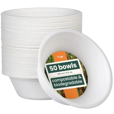 Image of HAAGO 50 Sugarcane Small Paper Bowls Biodegradable &amp; Compostable Eco Soup Snack Bowl for Hot Cold Food 350 ml