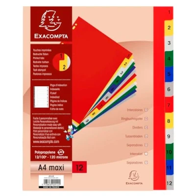 Image of Exacompta Ref 2512E Box of 20 Polypropylene dividers with 12 Digitally Printed tabs from 1 to in Colour Printable indexing Page for A4 Maxi Size 24.5 x 29.7 cm