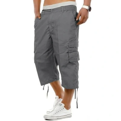 Image of 2k18Jun Mens Mian Elasticated Waist 3/4 Twill Shorts Long Cargo Combat Pants Cotton[Charcoal,XXXL]