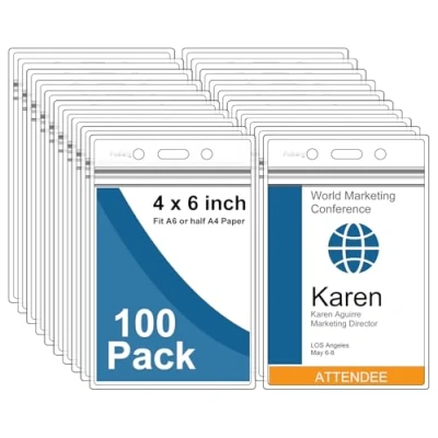 Image of Fushing Pack of 100 Clear Plastic Vertical Badge Holders, Name Tag Card Holders(XXL)