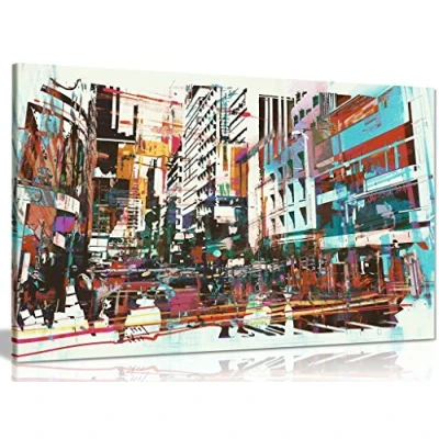 Image of Abstract Modern Art Cityscape Canvas Wall Picture Print (24x16in)