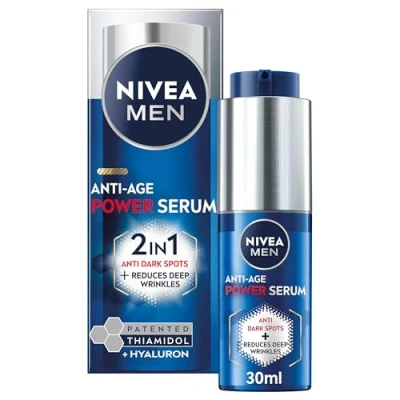 Image of NIVEA MEN Anti Age 2in1 Power Serum (30ml), Hydrating with Luminous 630 and Hyaluronic Acid, Reduces Deep Wrinkles Dark Spots for Younger Looking Skin