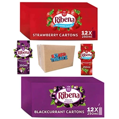 Image of Ribena Strawberry 12x 250ml + Blackcurrant Flavour Fruit Juice Bundle Real Rich In Vitamin C No Artificial Colours Or Flavours Ready To Drink Boxed Treatz