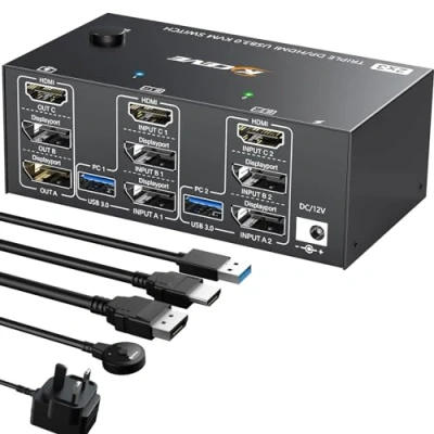 Image of YOUTINGHDAV USB 3.0 KVM Switch 3 Monitors 2 Computers, Triple Monitore HDMI+DP+DP, 8K@60Hz 4K@144Hz for Computers Share and Mouse Keyboard, with HDMI+DP+USB Cables
