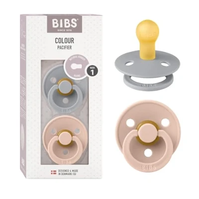 Image of BIBS Colour Soother 2 Pack, BPA Free Dummy Pacifier, Round Nipple. Natural Rubber Latex, Size 1 (0 6 Months), Cloud / Blush