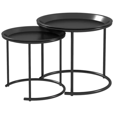 Image of HOMCOM Nesting Tables Set of 2, Side End Table with Removable Tabletop Tray and Steel Frame for Living Room, Bedroom, White
