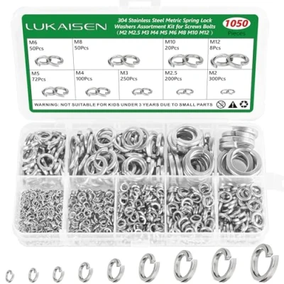Image of 1050Pcs Lock Washers, Spring Washers Assortment Kit, 304 Stainless Steel for Screws Bolts, 9 Sizes Metric Split Set (M2 M2.5 M3 M4 M5 M6 M8 M10 M12)