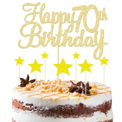 Image of 8 Pcs Gold Happy 70th Birthday Cake Topper, 1 Topper and 7 Star Cupcake Toppers, Glitter for Anniversary Party Supplies